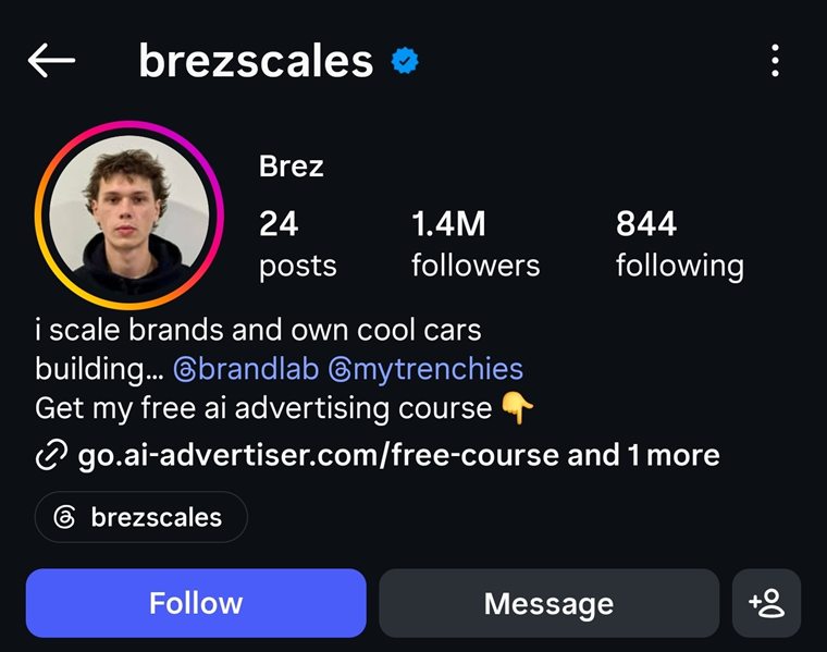 Instagram profile of @brezscales, Brez, bio reading i scale brands and own cool cars, offering a free AI advertising course, linking to go.ai-advertiser.com