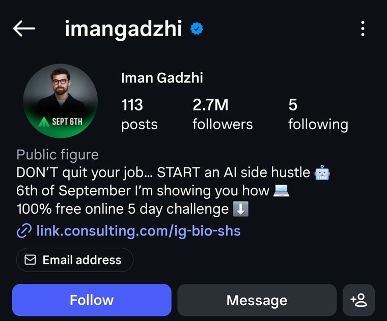 Instagram profile of @imangadzhi, Iman Gadzhi, bio advertising a free five day challenge, linking to link.consulting.com