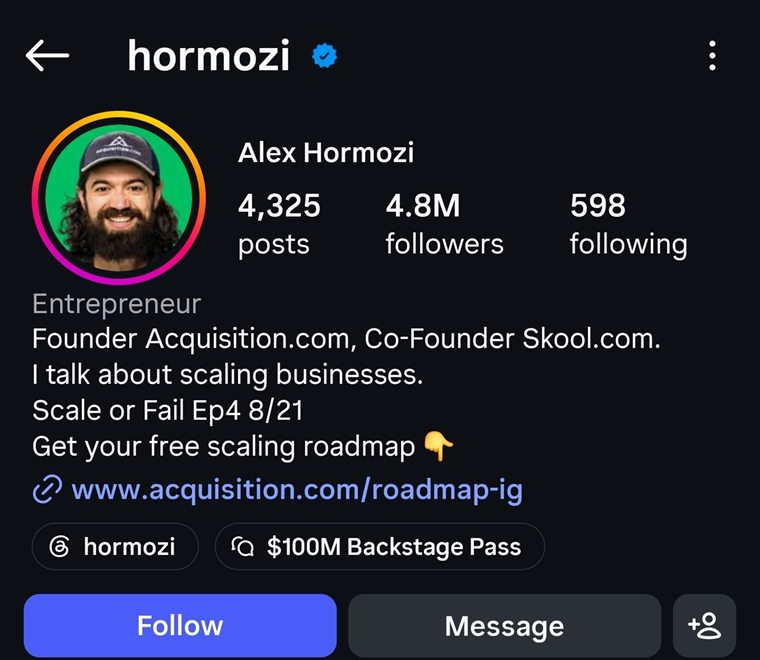Instagram profile of @hormozi, Alex Hormozi, bio reading Entrepreneur, offering a free scaling roadmap, linking to acquisition.com