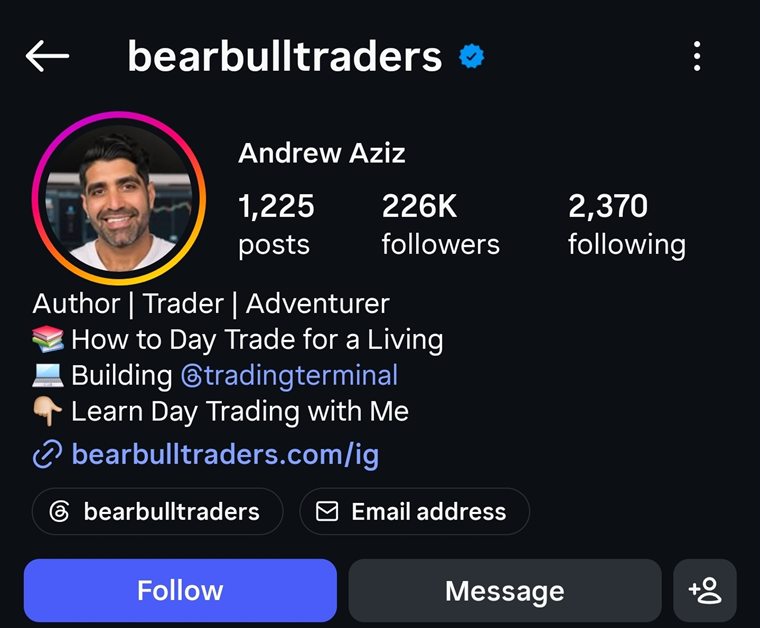 Instagram profile of @bearbulltraders, Andrew Aziz, bio reading Author, Trader, Adventurer, linking to bearbulltraders.com